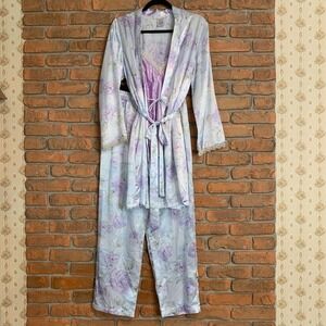 California Dynasty‎ Pajama Set Womens Medium Purple Satin Robe Cami Pants Floral